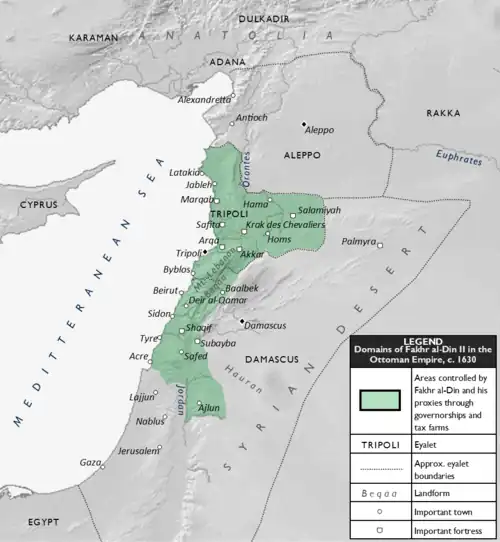 The Emirate of Mount Lebanon at its greatest extent under Fakhr al-Din II, circa 1630
