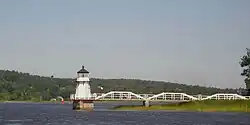 View from downriver, showing access bridge
