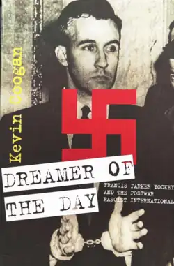 Yockey's arrest photo with a large red swastika over it