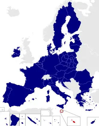 Map of the European Parliament constituencies with Malta highlighted in red