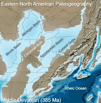 Map of north-eastern North America showing the Illinois Basin, the Michigan Basin and to the east, the Appalachian Basin.