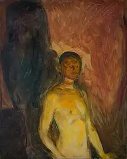 Self-Portrait in Hell, 1903, .mw-parser-output .frac{white-space:nowrap}.mw-parser-output .frac .num,.mw-parser-output .frac .den{font-size:80%;line-height:0;vertical-align:super}.mw-parser-output .frac .den{vertical-align:sub}.mw-parser-output .sr-only{border:0;clip:rect(0,0,0,0);clip-path:polygon(0px 0px,0px 0px,0px 0px);height:1px;margin:-1px;overflow:hidden;padding:0;position:absolute;width:1px}82&nbsp;cm ×&nbsp;66&nbsp;cm (32+1⁄4&nbsp;in ×&nbsp;26&nbsp;in), Munch Museum, Oslo