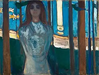 The Voice / Summer Night, 1896, .mw-parser-output .frac{white-space:nowrap}.mw-parser-output .frac .num,.mw-parser-output .frac .den{font-size:80%;line-height:0;vertical-align:super}.mw-parser-output .frac .den{vertical-align:sub}.mw-parser-output .sr-only{border:0;clip:rect(0,0,0,0);clip-path:polygon(0px 0px,0px 0px,0px 0px);height:1px;margin:-1px;overflow:hidden;padding:0;position:absolute;width:1px}90&nbsp;cm ×&nbsp;119&nbsp;cm (35+1⁄2&nbsp;in ×&nbsp;46+3⁄4&nbsp;in), Munch Museum, Oslo