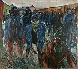 Workers on their Way Home, 1913–14, .mw-parser-output .frac{white-space:nowrap}.mw-parser-output .frac .num,.mw-parser-output .frac .den{font-size:80%;line-height:0;vertical-align:super}.mw-parser-output .frac .den{vertical-align:sub}.mw-parser-output .sr-only{border:0;clip:rect(0,0,0,0);clip-path:polygon(0px 0px,0px 0px,0px 0px);height:1px;margin:-1px;overflow:hidden;padding:0;position:absolute;width:1px}227&nbsp;cm ×&nbsp;201&nbsp;cm (89+1⁄4&nbsp;in ×&nbsp;79+1⁄4&nbsp;in), Munch Museum, Oslo