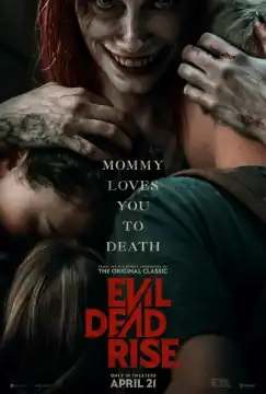A demon-possessed woman eerily smiles while hugging a young woman, a teen boy, and an adolescent girl.