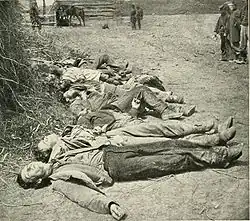 Confederate dead of General Ewell's Corps who attacked the Union lines on May 19 lined up for burial at the Alsop Farm