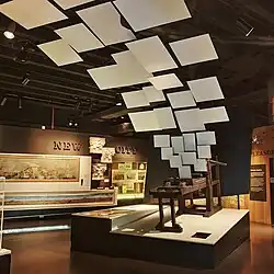 A printing press on display at the pre-2022 museum, with leaflets flying out