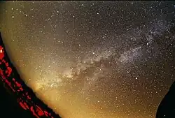 Milky Way, 1 minute exposure using ISO 800 film, wide angle lens, piggybacked on an equatorial telescope