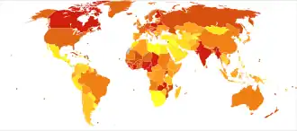 Deaths due to falls per million persons in 2012 &nbsp;&nbsp;0–15 &nbsp;&nbsp;16–21 &nbsp;&nbsp;22–33 &nbsp;&nbsp;34–44 &nbsp;&nbsp;45–55 &nbsp;&nbsp;56–69 &nbsp;&nbsp;70–88 &nbsp;&nbsp;89–106 &nbsp;&nbsp;107–129 &nbsp;&nbsp;130–314