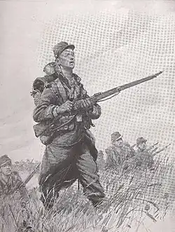 Soldiers stand up while reloading their weapons, the one in the front wearing a bandage on his head.