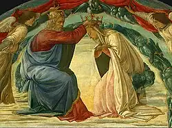 The Coronation of the Virgin (detail) (c. 1480) Tempera on panel, 90.2 × 223&nbsp;cm, National Gallery of Art, Washington, D.C.