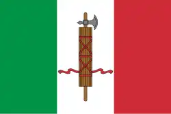 Italian Fascist flag first seen used in the early 1920s with this depiction being one variant of such flags that were the Italian tricolour flag with a fasces in the middle of it
