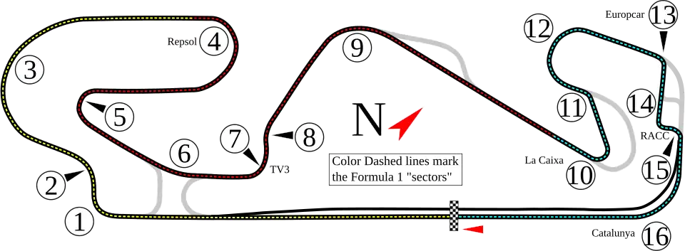A track map of the Circuit de Barcelona–Catalunya. The track has 16 corners, which range in sharpness from hairpins to gentle, sweeping turns. There are two long straights that link the corners together. The pit lane splits off from the track on the inside of Turn 16, and rejoins the track after the start–finish straight.