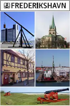 From upper left: Kattegat Silo, Frederikshavn Church&nbsp;[da], Havnegade, Port of Frederikshavn, Nordre Skanse