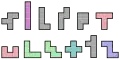 The 12 free pentominoes, colored according to their symmetry