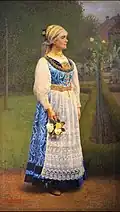Transylvanian Saxon woman in traditional costume, portrait by Transylvanian Saxon painter Friedrich Miess
