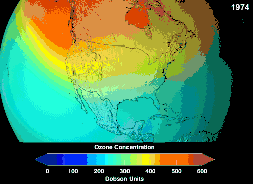 Animation showing colored representation of ozone distribution by year above North America in 6 steps. It starts with a lot of ozone but by 2060 is all gone.