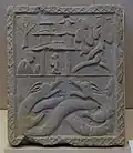 Fuxi and Nüwa with tower and twin dragons, China, unearthed from a cliff tomb, Alkali factory, Pengshan, Eastern Han dynasty, 25–220 AD