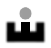 A 6 o'clock open pistol sight picture with focus on the front sight element; the out-of-focus gray dot represents the target.