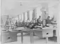 Interior of the fine mechanical workshop in Budapest. Kornél Tolnai leftmost. Photo in 1931.