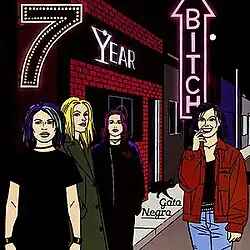 An illustration of 7 Year Bitch outside a bar, with a black cat leaving through its doors.