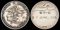 Gemini 4 mission emblem and crew names (front). Flight dates (back)