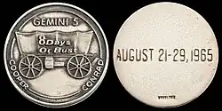Gemini 5 mission emblem and crew names (front). Flight dates (back)