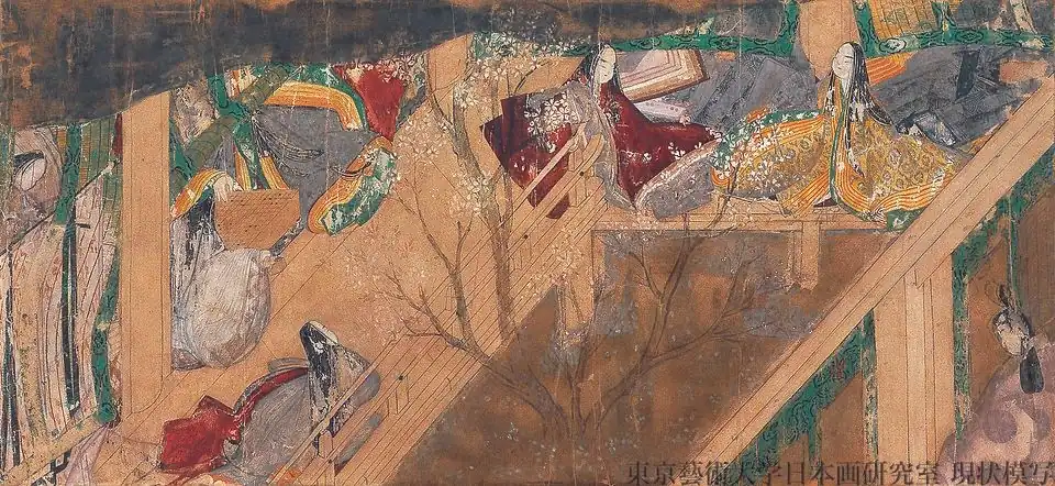 In the late Heian period, the jūnihitoe consisted of many layers (hitoe) worn over a plain kosode and hakama.[17] (The Tale of Genji, 12th century)