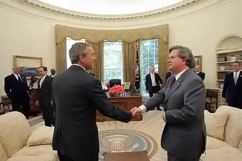 Image 16Prime Minister of Iceland Davíð Oddsson with United States President George W. Bush in 2004. (from History of Iceland)
