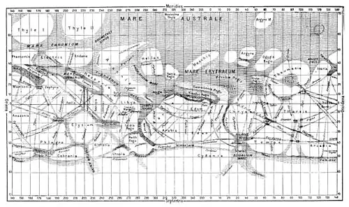 A cylindrical projection map of mars showing light and dark regions accompanied by various linear features. The major features are labelled.