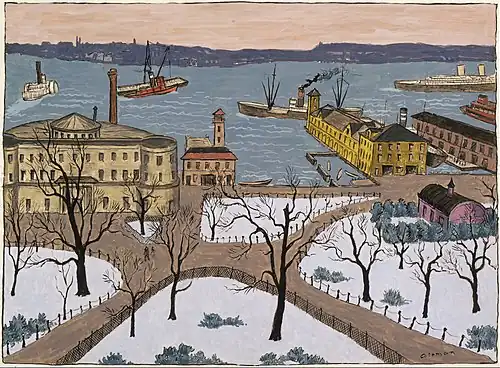 Battery Park in New York by Glenn O. Coleman (1887–1932), 31&nbsp;cm ×&nbsp;42&nbsp;cm (12+1⁄4&nbsp;in ×&nbsp;16+1⁄2&nbsp;in)