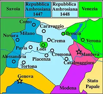 Borders of the Golden Ambrosian Republic in 1447 and 1448