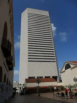 The Stephen P. Clark Government Center building viewed from the Main Library and HistoryMiami courtyard