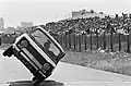 A stunt driver performing a ski stunt in a Simca in the Netherlands, 1964.
