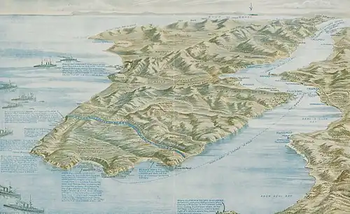 The map highlights the narrowest part of the peninsula between Gaba Tepe (south of ANZAC) and Maidos and "The Narrows" of the Dardanelles between Kilid Bahr and Chanak.