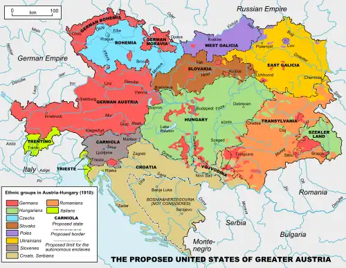 Image 23A map of the federalization of Austria-Hungary planned by Archduke Franz Ferdinand, with Slovakia as one of the member states (from History of Slovakia)