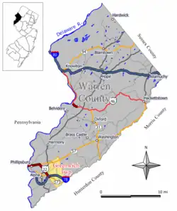 Location of Greenwich Township in Warren County highlighted in yellow (right). Inset map: Location of Warren County in New Jersey highlighted in black (left).