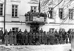 Image 43Grodno Military Command, loyal to Lithuania, decorated with three flags of Lithuania, Belarus, and with the Coat of arms of Lithuania, January 1919 (from History of Lithuania)