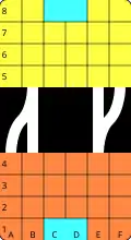 6×4 player areas, two "Y" bridges. A player entering the left bridge at B5 may move to either A4 or B4.