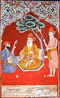 Fresco of Guru Nanak, Bhai Mardana, and Bhai Bala located in the Sheesh Mahal of Faridkot Fort