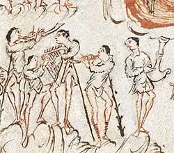 1000-1050 A.D., England. Harley Psalter, in which the harp is shown with better detail