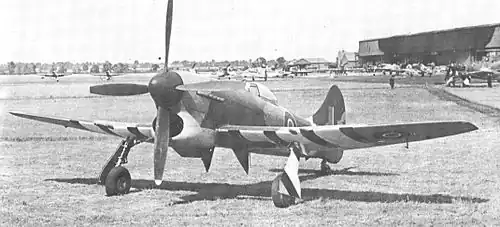 Tempest Mk. V – Early production model, note the protruding barrels of the 20&nbsp;mm Hispano Mk.II guns.