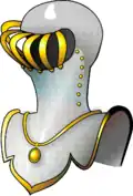 Barred helm with gold bars, collar, and trim.