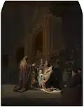 Rembrandts Simeons song of praise (1631), since 1816 in the Mauritshuis in The Hague. Oil on Oak Panel (60,9 x 47,9&nbsp;cm).
