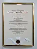 The diploma of his honorary doctorate in philosophy at the Uppsala University from 1991