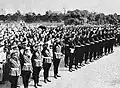 Hitlerjugend in Nijūbashi Edo Castle holding a symbolic greeting ceremony for Emperor Shōwa