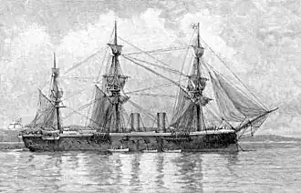 A lithograph of HMS&nbsp;Inconstant at full sail. She has a more moden hull which looks slightly round and metallic juxtaposed against her sails ans small funnels.