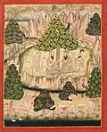Holy men visiting Guru Nanak in a mountainous forest, Mewar painting