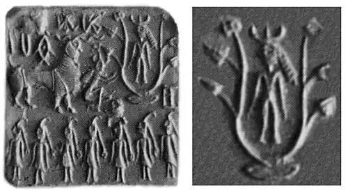 Horned deity with one-horned attendants on an Indus Valley seal. Horned deities are a standard Mesopotamian theme. 2000-1900 BCE. Islamabad Museum.[65][web 4][66][67]
