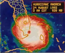 Infrared satellite image of Andrew, with its eye clearly visible